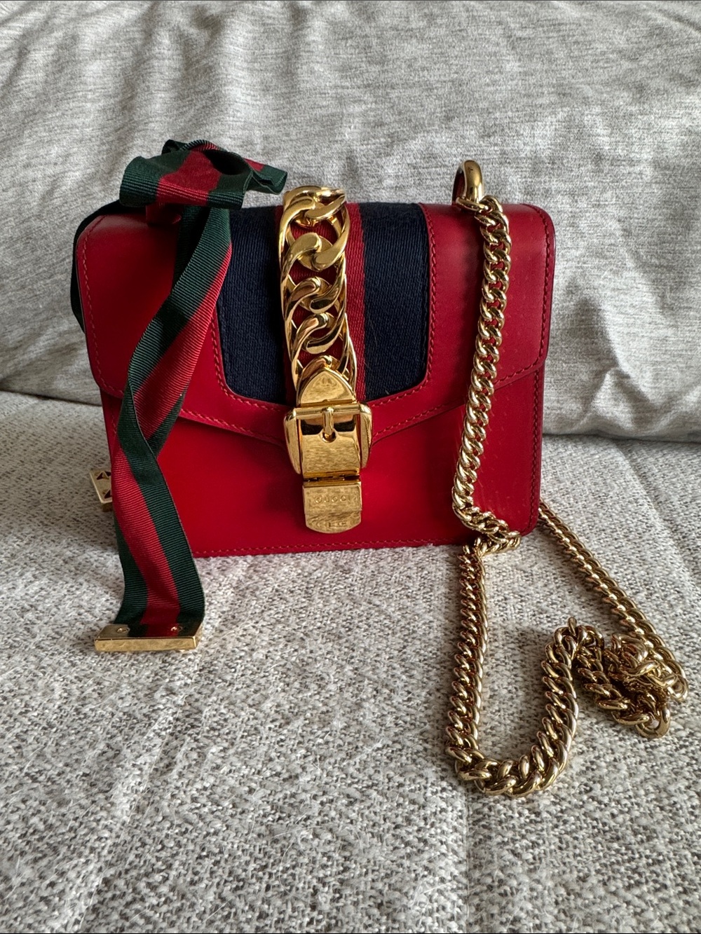 Gucci Sylvie Mini Red Leather with Navy Accent and Gold Hardware and Gucci ribbo